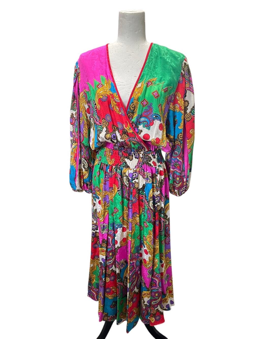 Vintage 80s Diane Freis Silk Midi Dress V Neck Faux Wrap Balloon Sleeves Medium